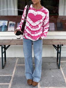 LOVE JOYY 女士爱心印花长袖T恤，休闲圆领上衣，适合春季派对 - 粉色 - 查看 3