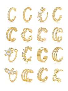 16件套女士耳夹耳环，无需耳洞，镀金镀银，夹式耳骨耳环，镶嵌锆石心形花朵，耳饰套装，轻巧可调节 - 多款式 - 查看 1