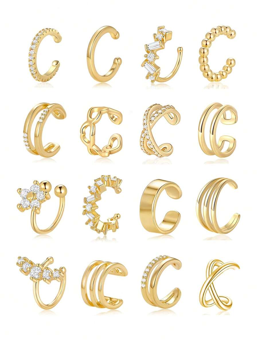 16件套女士耳夹耳环，无需耳洞，镀金镀银，夹式耳骨耳环，镶嵌锆石心形花朵，耳饰套装，轻巧可调节 - 多款式 - 查看 1