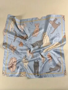 1pc Women's Cat Print Elegant Scarf, Satin Neckerchief Hair Accessory - Multicolor - View 1