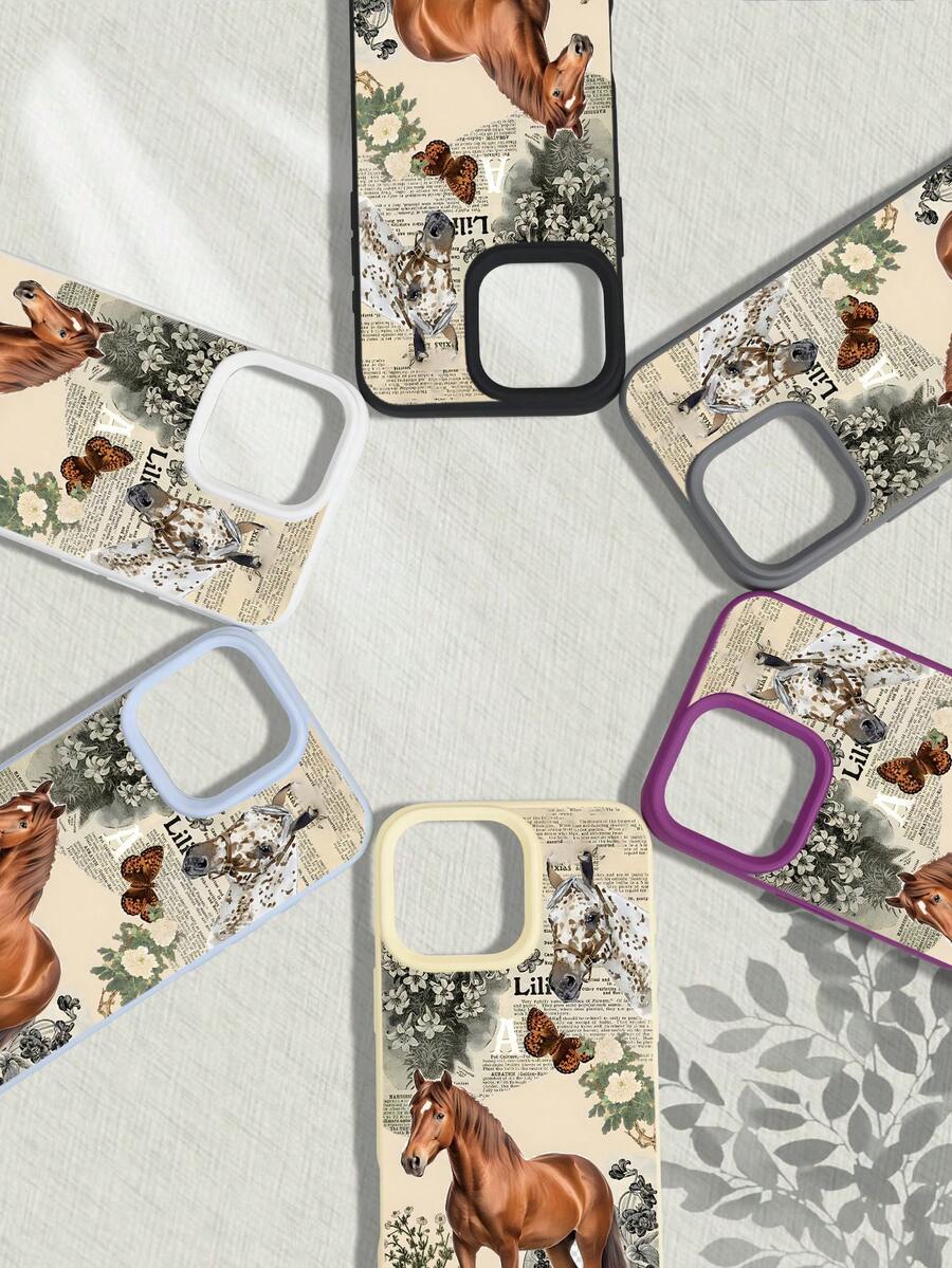 Vintage Horse & Floral Print Phone Case With Butterfly, Retro Newspaper Collage Design, Skin - Friendly Touch, Shockproof & Scratch - Resistant, Stylish & Premium Cover For IPhone 17/16/15/14/13/12/11 Series - 白色 - 查看 1