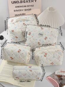 1pc Beige Floral Bow Bear Rabbit Quilted Makeup Bag, Large Capacity Portable Zipper Makeup Pouch, Suitable For Travel & Vacation, Can Store Sanitary Pads, Keys, Phones, Chargers, Lipsticks, Cosmetics, Perfumes, Makeup Brushes, Ideal Storage For Skincare & Beauty Products, Suitable For Women, Students, Girls, Also A Perfect Gift For Holidays & New Year - Beige - View 11