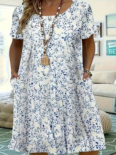 Plus Size Floral All-Over Print Knit Fabric Pocket Vacation & Home Dress Summer Elegant