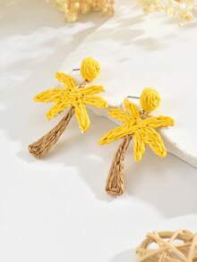 一对手工编织拉菲草椰子树耳环，波西米亚风热带棕榈叶耳环，适合女性日常、假日、派对佩戴 - 黃色 - 查看 2