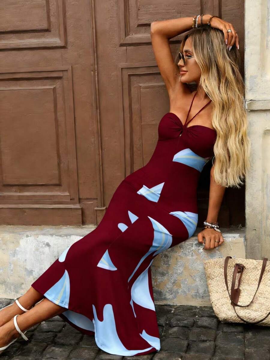Fashionable Backless Sleeveless Digital Print Halter Neck Bodycon Mini A-Line Dress, Party Dress, For Cocktail - Burgundy - View 1