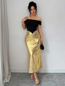 Elegant Women's Off-Shoulder Gold And Black Knit Bodycon Dress With Ruffle Details - Multicolor - View 4