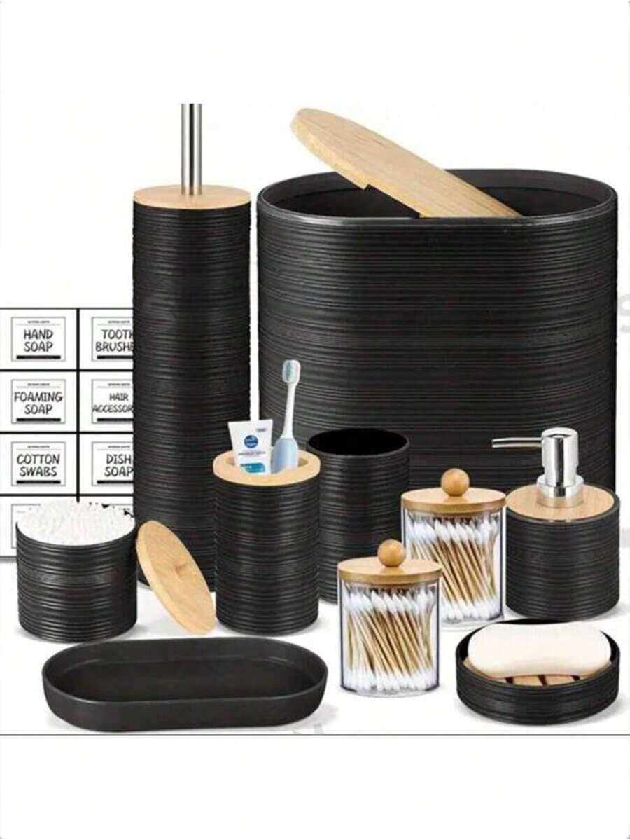 Bộ 6 món phụ kiện phòng tắm bằng tre, trang trí nhà cửa cao cấp cho phòng khách, phòng ngủ, bao gồm cọ toilet, thùng rác, khay đựng xà phòng, bình đựng xà phòng, cốc, giá đựng bàn chải đánh răng, hộp tăm bông, khay đựng đồ. Thích hợp cho phòng khách, khách sạn, mặt bàn phòng tắm. Quà tặng cho gia đình và bạn bè, quà tân gia, phụ kiện phòng tắm. - Nhiều màu - Xem 1
