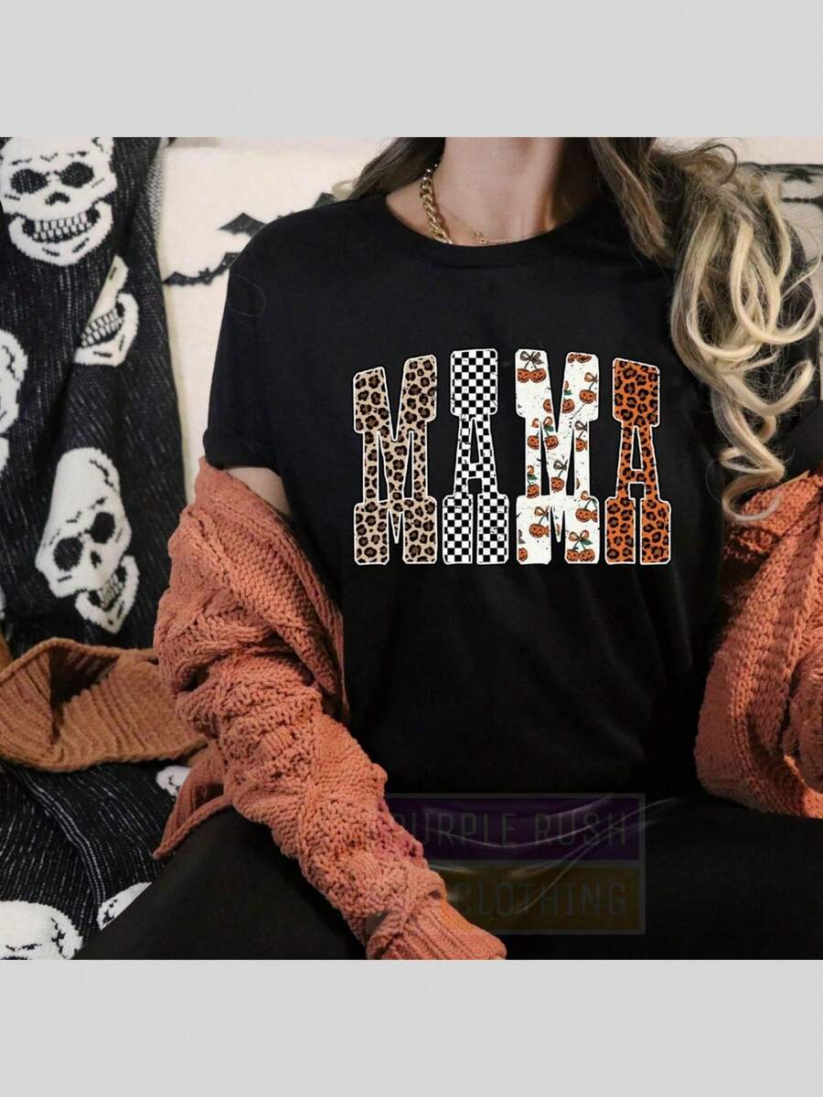 Leopard Pumpkin Mama Shirt Spooky Halloween Vibes - 黑色 - 查看 1