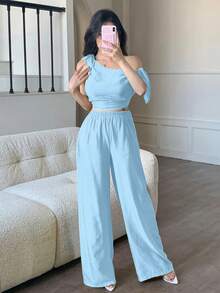 abyoxi 两件套：不对称领口系带腰身休闲上衣和阔腿裤，性感黄色套装，适合通勤、度假、海滩、春夏穿着。 - 淺藍色 - 查看 3