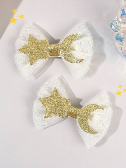 2pcs Star Moon Mesh Hair Bows For Girls Sparkly Glitter Star Moon Hair Clips White Mesh Alligator Clips Sweet Girls Gifts Hairpins Clips Casual Hair Barrettes Kids Baby Hair Accessories