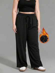Winter Plus Size Women's Thermal Lined Casual Sweatpants, Drawstring Waist, Wide Leg, Outdoor Running Workout Pants With Multiple Pockets, Suitable For -5°C, Autumn/Winter - Black - View 3