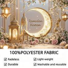 1-Piece Ramadan Happy Decoration Banner, Eid Al-Fitr Crescent Moon Background, Polyester Material, Gold Crescent Moon And Lantern Design, Suitable For Room And Party Wall Decorations, Festive Home Decor For New Year And Eid. Party Supplies - Multicolor - View 7