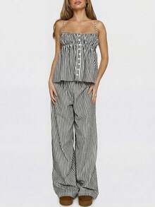 2 st/set linne med sexig topp, randig blus och vida byxor, avslappnad outfit för hemmet, examen, collegestil, vår/sommar - Svarta och vita ränder - Visa 6