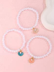 1件优雅白色仿珍珠手链，配合金贝壳吊坠，适合派对、约会等场合佩戴的珠宝配饰 - 白色 - 查看 3