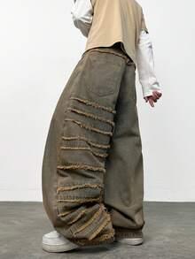 1件复古拼接阔腿牛仔裤，时尚宽松街头风休闲男士牛仔裤，四季皆宜（产品不含腰带和配饰） - 藍色 - 查看 3