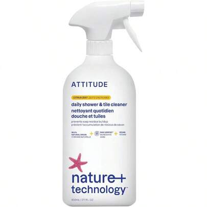 ATTITUDE Shower & Tile Cleaner, EWG Verified, Plant-Based & Vegan Bathroom Spray, Removes Soap Scum & Grime, Citrus Zest Scent, 27.1 Fl Oz