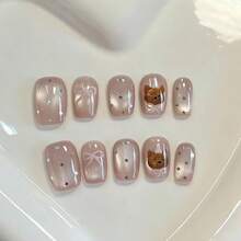 Wear Nail Cat's Eye Cute Bear Short Daily Versatile White Wear Nail Patch Fake Nails - 10 tờ giấy nhiều màu [keo dán dạng gel + cuộn] - Xem 1