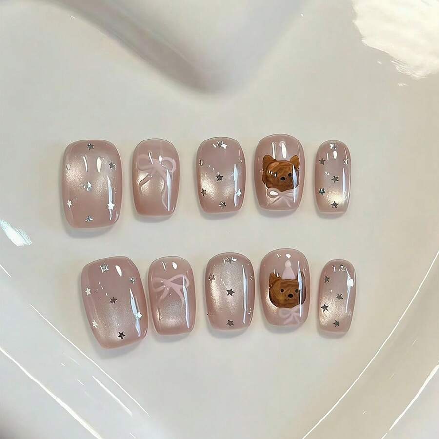 Wear Nail Cat's Eye Cute Bear Short Daily Versatile White Wear Nail Patch Fake Nails - 10 tờ giấy nhiều màu [keo dán dạng gel + cuộn] - Xem 1
