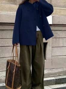 Women's Solid Color Front Button Pocket Overcoat, Autumn/Winter - Navy Blue - View 7