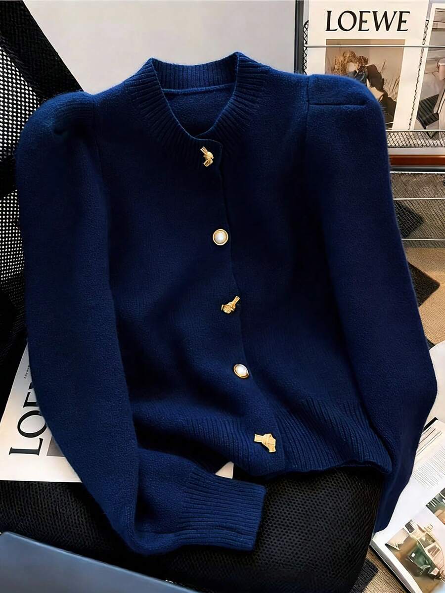 女士圆领泡泡袖开衫毛衣，新款秋冬欧美风优雅纯色长袖针织开衫，前襟罗纹纽扣，春季款 - 寶藍色 - 查看 1