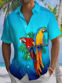夏威夷鹦鹉印花男士短袖纽扣衬衫 - 藍色 - 查看 1
