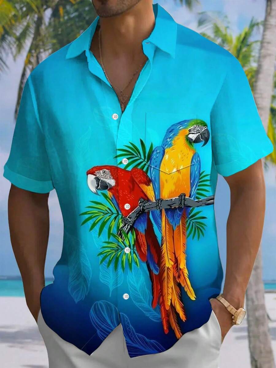 夏威夷鹦鹉印花男士短袖纽扣衬衫 - 藍色 - 查看 1