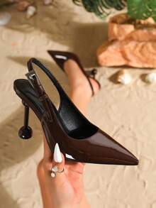 Giày cao gót mũi nhọn bất đối xứng bằng da bóng màu nâu dành cho nữ, giày dự tiệc trang trọng, thanh lịch, có khóa cài, giày cao gót quai ngang mắt cá chân gợi cảm. - Cà phê nâu - Xem 2