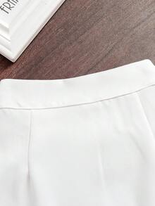 Set de 2 piezas: Blusa corta blanca de verano con mangas abullonadas de perlas + Minifalda de satén con volantes en el bajo, estilo callejero dulce para niña - Blanco - Ver 9