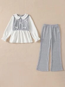 Girls Bowknot Top And Straight Leg Pants 2-Piece Set, Comfortable Casual Elegant Outfit For Spring/Autumn - Grey - View 6