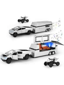 Camión De Juguete 3 en 1 con Caravana Desmontable y Motocicleta Todoterreno, Modelo Cybertruck a Escala 1:32 con Luces, Sonido y Piezas móviles, Regalo Ideal para niños y Adultos. (B),38073696 - Celeste - Ver 1