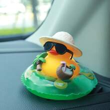 1pc Summer Duck Car Decor - Tropical Beach Dashboard Statue Featuring Coconut And Green Buoy Accents, Unisex Anti-Slip Car Accessory, Fun Gift For Friends (Includes Sticky Pad) - A - View 2