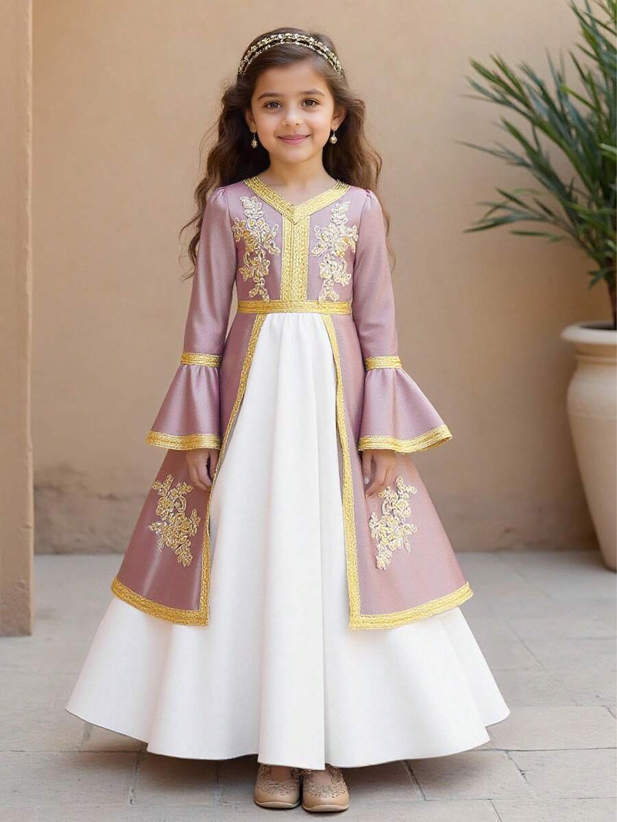 Langes Satinkleid mit Trompetenärmeln und besticktem Blumenmuster, elegantes Partykleid für Familienfeiern und Feiertage, ohne Haarband - Verschiedenfarbig - Übersicht 1