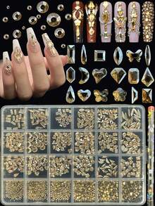 KIRAME 24-Grid DIY Manicure K9 Glass Champagne Flat Rhinestone Set - 20pcs High Gloss Rhinestones Per Style, Includes 1pc Dotting Pen, Nail Gems, Suitable For Nail Salons, Home Manicure, Nail Art Supplies, Christmas, New Year, Valentine's Day Nails, Holiday Gifts, Also For Crafts, Clothing, Textiles, Shoes, Glassware, Jewelry Making - Multi-Size Sparkling Decorations - 香檳色 - 查看 3