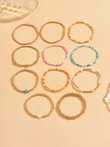 11pcs/Set CCB Gold Bead Bracelet Set, Faux Pearl Multi-Layer Elastic Bracelets, Suitable For Women Daily Wear, Vacation And Party, Classic Cross Decor (Bead Color Sequence May Vary) - Multicolor - View 2