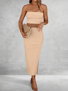 Bộ 2 món gồm áo quây và chân váy dài dành cho nữ, thích hợp cho đám cưới và các dịp trang trọng. - Màu Khaki - Xem 5