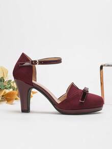 Sapatos de Salto Alto Femininos com Decoração de Laço, Design de Corte em V, Vazado, Cinta no Tornozelo, Plataforma, Veludo Bordô, Sapatos para Festa/Casamento, Sandálias de Salto Alto Bordô Vazadas, Saltos Altos Bordô - Vinho - Visão 4