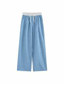 Women's Casual Wide Leg Pants, Versatile Leisure Sports Cargo Trousers (Random Plaid) - Blue - View 6