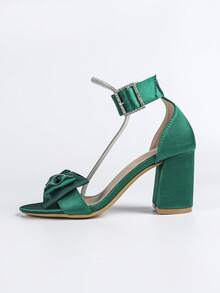Women's Bow & Rhinestone Decor Chunky Heel Open Toe Ankle Strap Sandals, French Chic Style, Green High Heel Sandals For Summer - Green - View 5