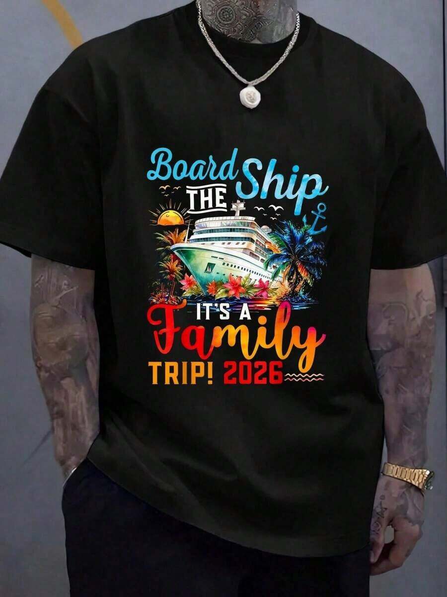 % Cotton Board Ship It's A Family Trip 2026 Group Matching Cruise-Shirt Women's Men's Graphic Tee Causal Tops Fashion Tshirt Short Sleeve-Shirt OUOV - 黑色 - 查看 1