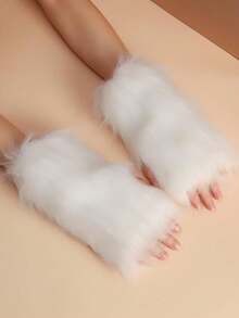 1 Pair Fashionable Warm Fingerless Gloves - White - View 1
