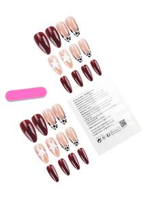 24片装中号杏仁形美甲贴纸，豹纹法式美甲，仿珍珠星形图案，复古全覆盖风格，适合女性和女孩日常佩戴，夏季美甲用品 - 彩色 - 查看 3