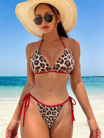Leopard Print Sexy Cute Elegant Bohemian Casual Lace-Up Halter Split Bikini Swimsuit, Summer Beach Vacation 2pcs Set