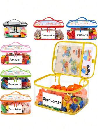 1 st. transparent leksakspåse med namnskylt och nätpåse, vattentät, förvaringslåda för leksaksbruk, lämplig för byggklossar, brädspel, pussel (stor kapacitet)