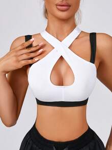 女士时尚可拆卸衬垫交叉露背镂空针织运动文胸，黑白款 - 黑與白 - 查看 5