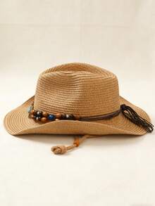 1pc Unisex Wide Brimmed Straw Hat, Sun Protection Western Cowboy Hat/Cowboy Hat, Summer Beach Sun Protection Rope Hat, Portable Folding Design,The Color Of The Windproof Rope For The Hat Is Random. - Beaded Straw Hat - View 3