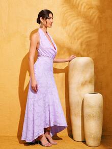 LOVE&LEMONADE 薰衣草色提花露背长款连衣裙，系带领口，褶皱胸衣和鱼尾裙摆设计 - 淡紫色 - 查看 6