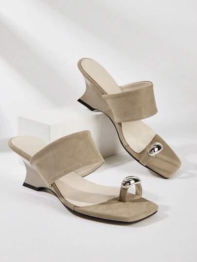 Elegant Metallic Minimalist Apricot Suede Square Toe Metal Decor Roman Style Wedge Sandals, Suitable For Party And Commute