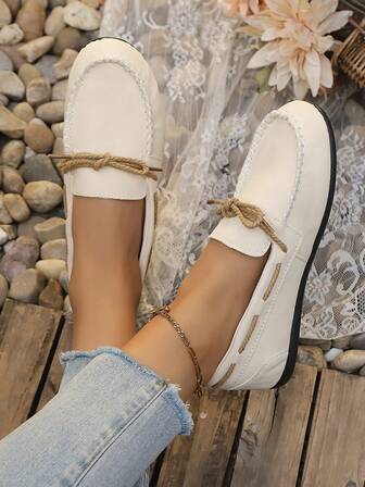 女士加大码多功能休闲通勤度假轻便平底乐福鞋，舒适纯色套脚经典系带圆头编织绳户外透气拼接手工简约优雅棕色毛绒保暖休闲莫卡辛鞋