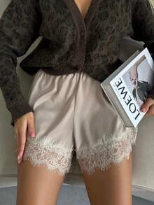 Satin Silk Boxers Shorts For Women Y2k Lace Trim Micro Mini Pajama Shorts French Knickers Low Rise Coquette Lounge Slip Pj Bottoms - Bụi hồng - Xem 2