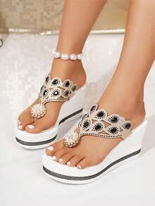 Women's Fashion Platform Wedge Sandals, Pearl & Rhinestone Decor, Slip-On Floral Thong Sandals, Casual Style For Spring/Summer Outdoor & Commute - Black - View 5